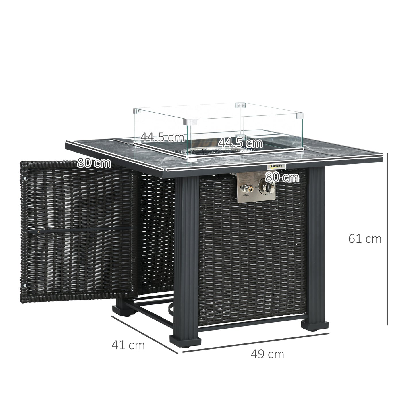 Halu Rattan Black Square Gas Fire Pit Table With Marble Effect Top Glass