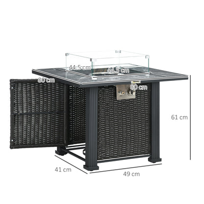 Halu Rattan Black Square Gas Fire Pit Table With Marble Effect Top Glass