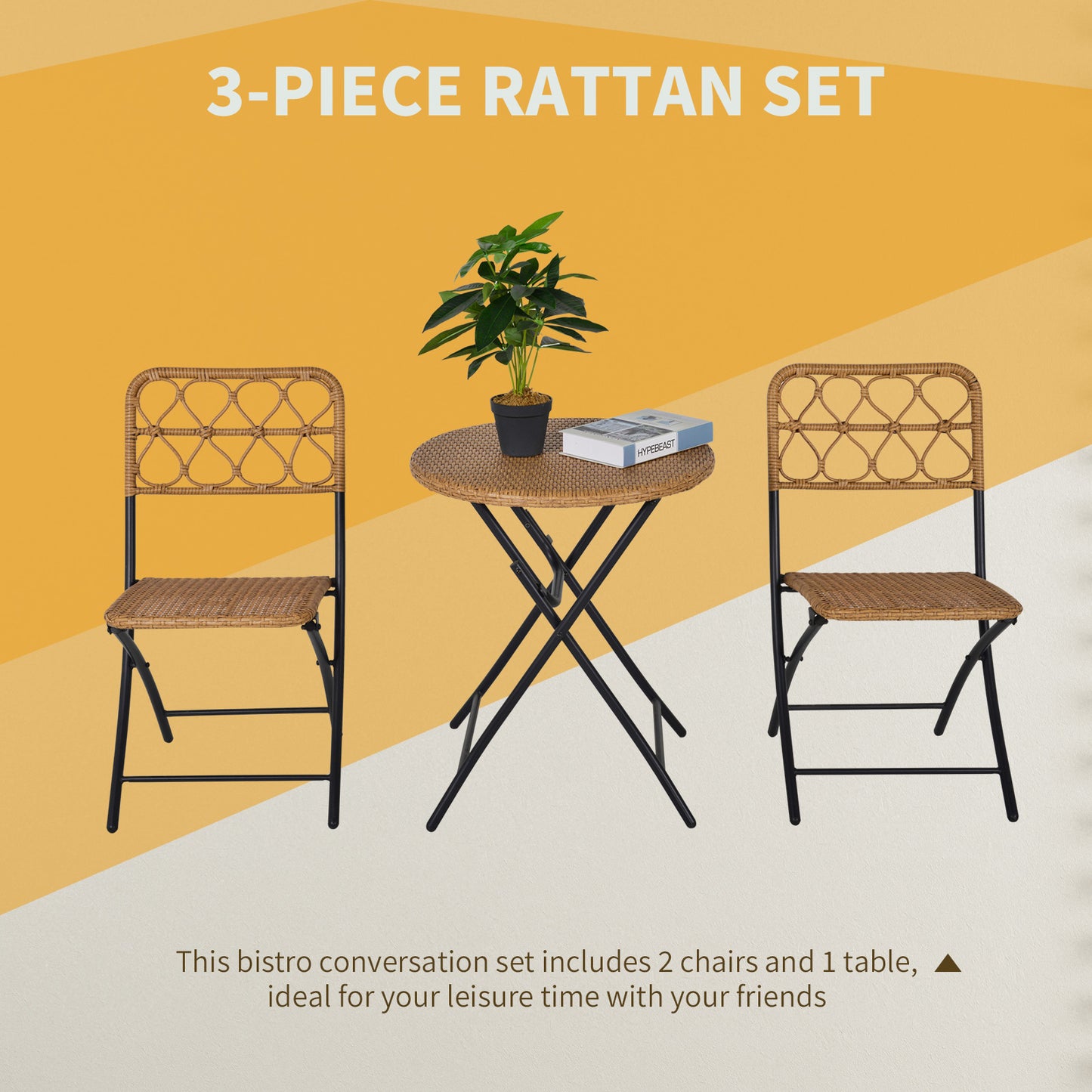 Inca Natural Rattan Rope 2 Seater Foldable Bistro Set With Chairs And Coffee Table
