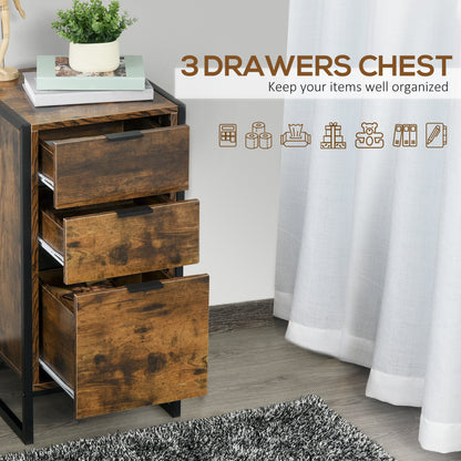 Naba Metal and Wood Rustic Brown Set Of 2 Industrial 3 Drawer Storage Bedside Tables