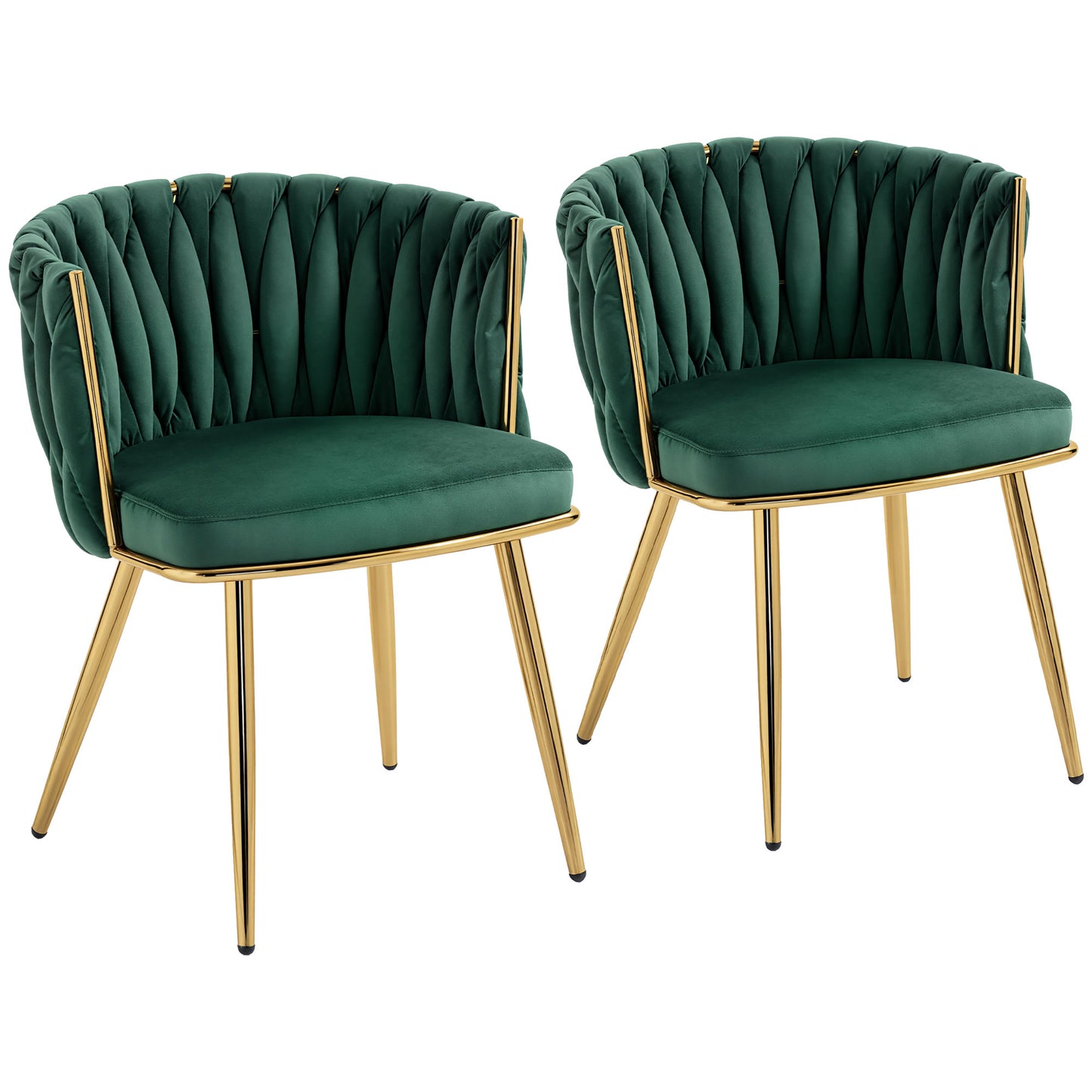 Sosura Set Of 2 Dark Green Velvet Upholstered Dining Chairs With Woven Backrest