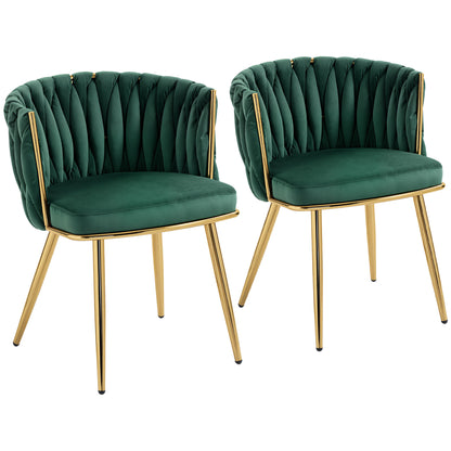 Sosura Set Of 2 Dark Green Velvet Upholstered Dining Chairs With Woven Backrest