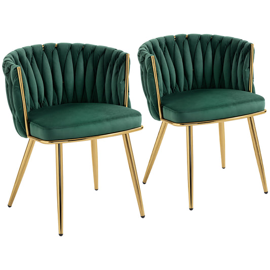 Sosura Set Of 2 Dark Green Velvet Upholstered Dining Chairs With Woven Backrest