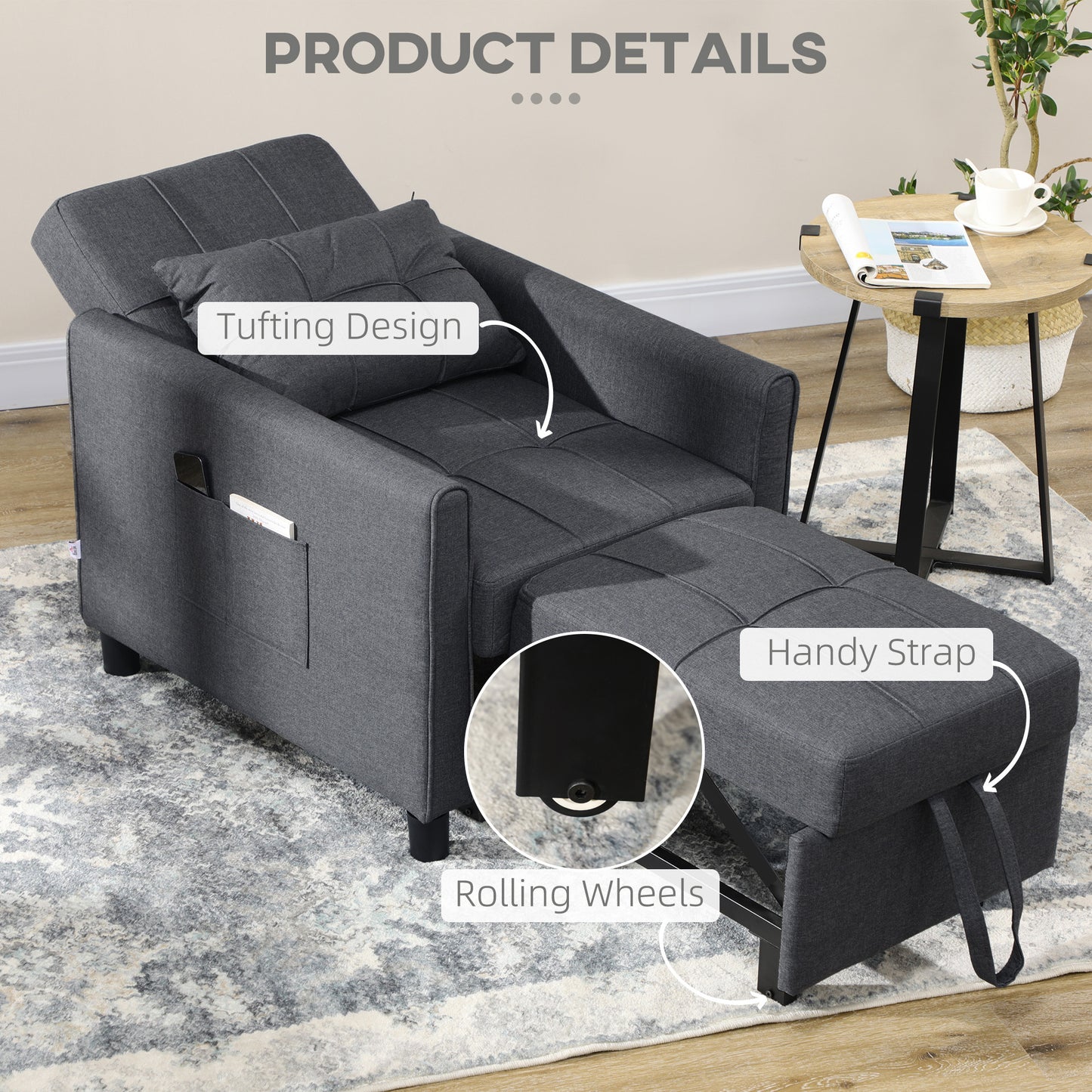 Remina Linen Look Grey 3 In One Single Chair Bed