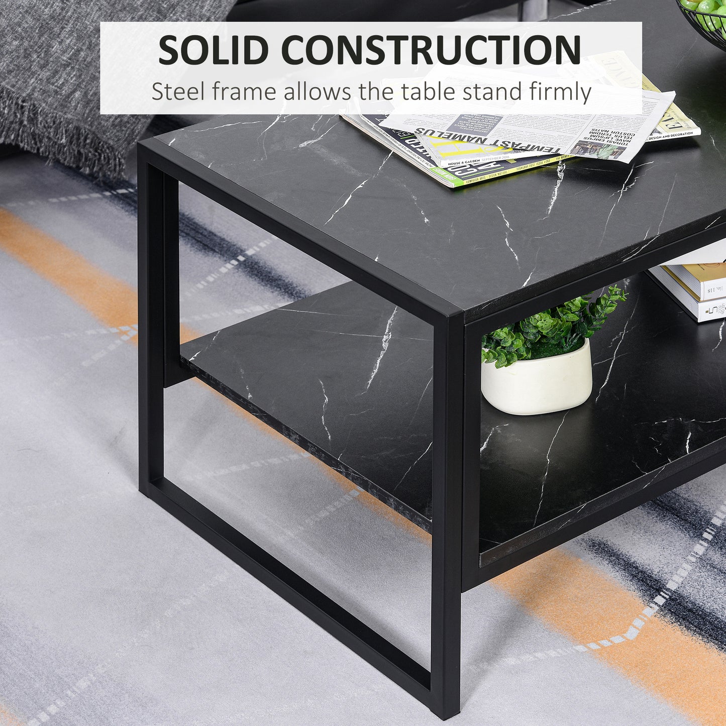 Minaba Metal And Wood Black 2 Tier Marble Effect Coffee Table With Bottom Shelf