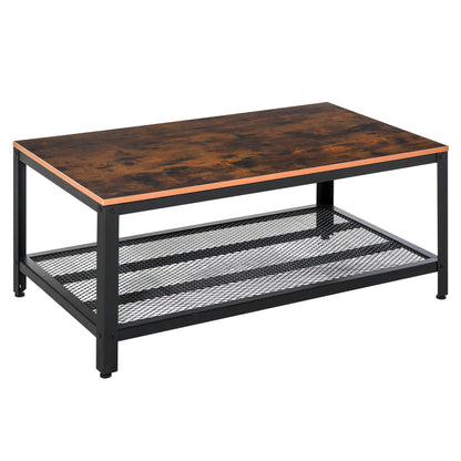 Mivefa Metal And Wood Rustic Brown Industrial Coffee Table With Bottom Mesh Shelf