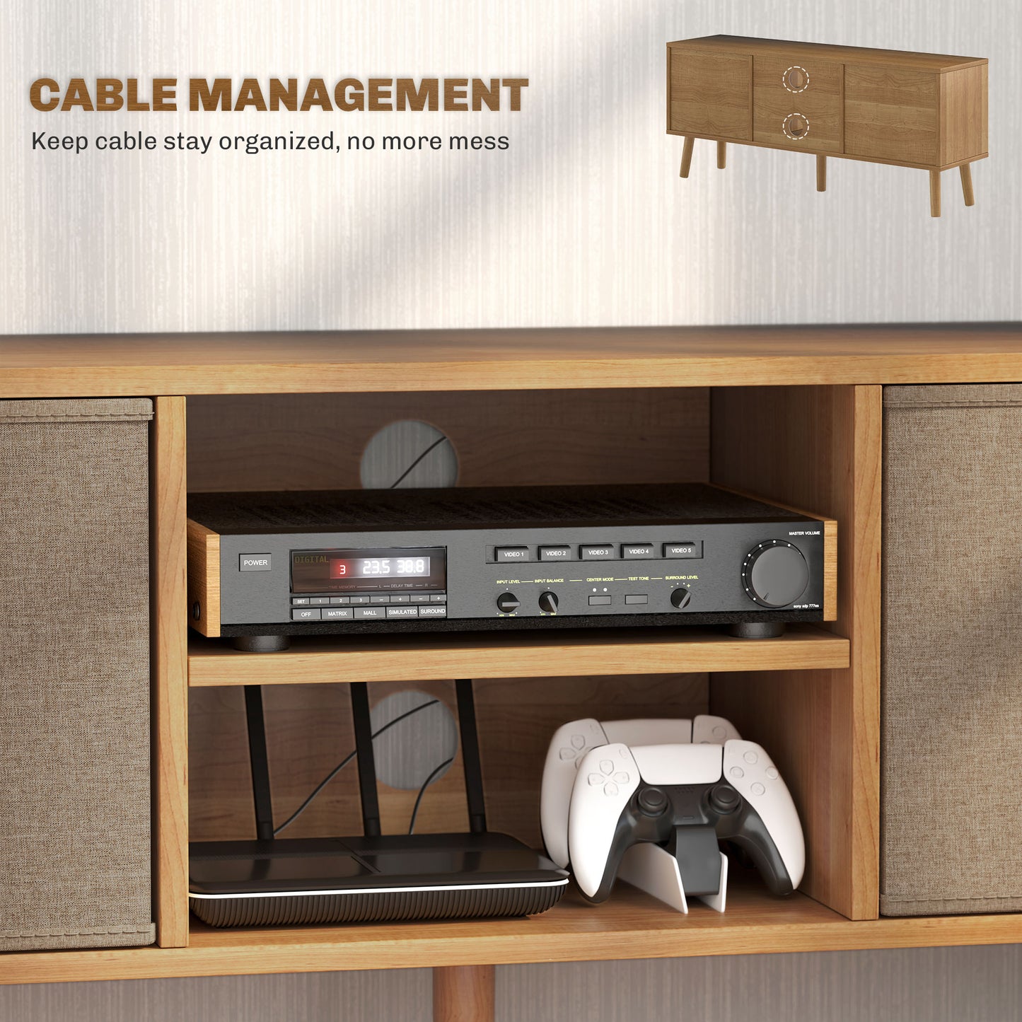 Linore 110cm Wooden Brown TV Storage Cabinet With Fabric Fold Down Drawers For Screens Up To 50 Inches