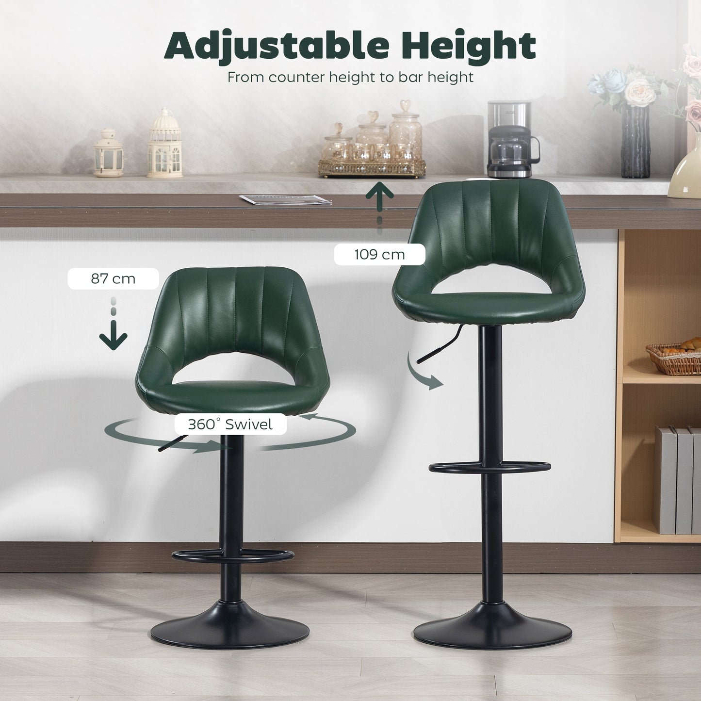 Nimba Set Of 2 Dark Green Faux Leather Counter H8 Bar Stools