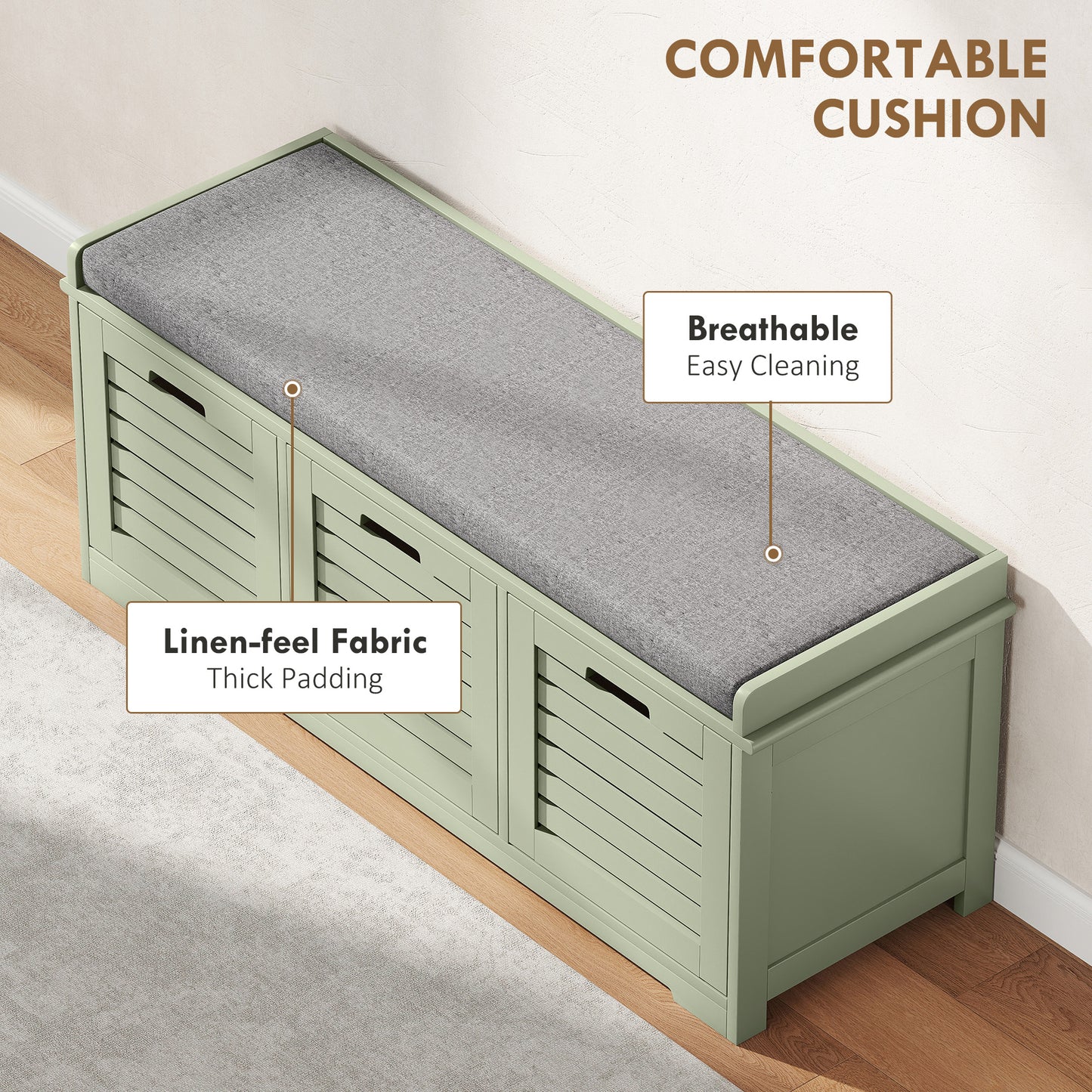 Dilena Wooden Green 3 Drawer Shoe Storage Bench with Grey Padded Seat