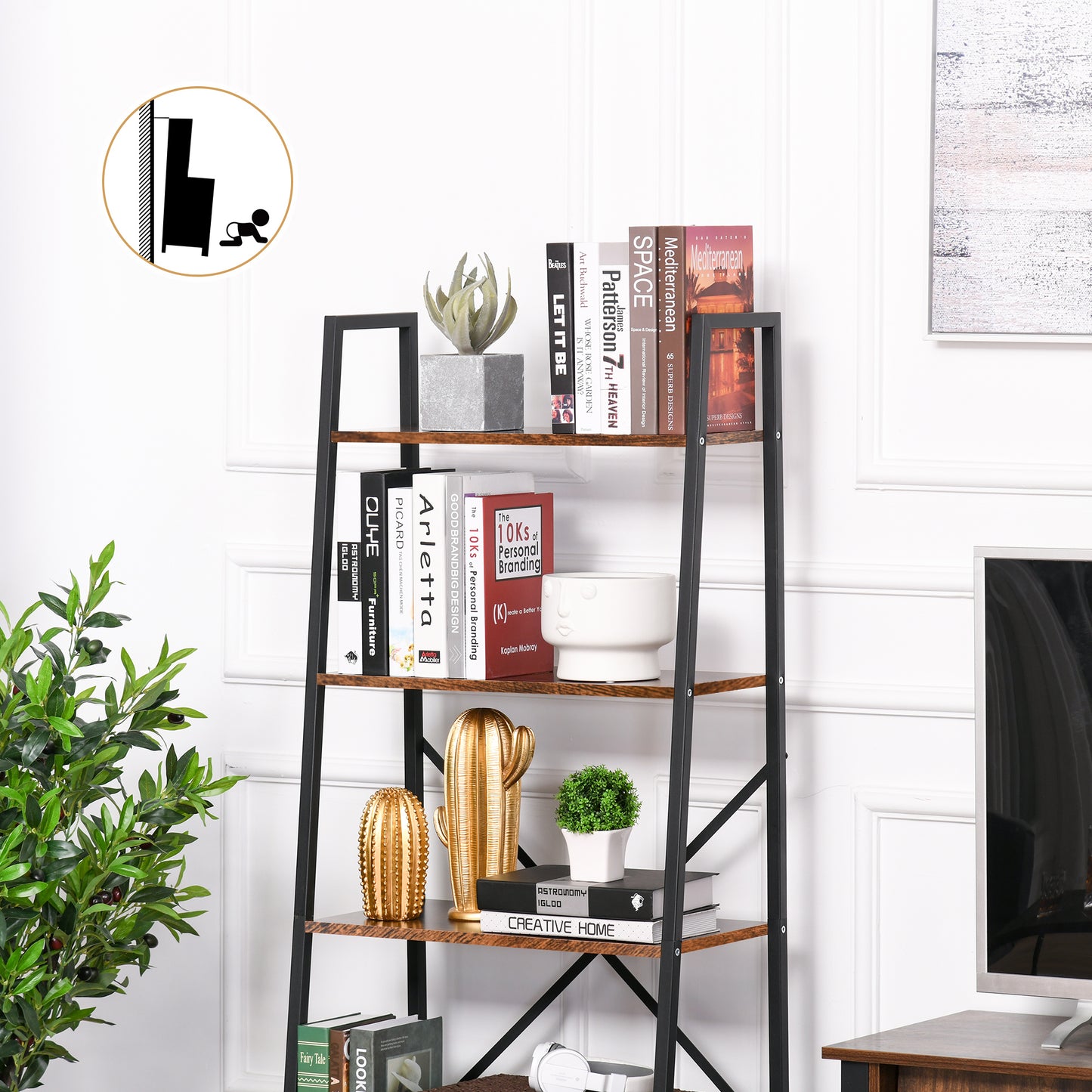 Tanile Metal And Wood Rustic Brown And Black 4 Tier Ladder Bookshelf