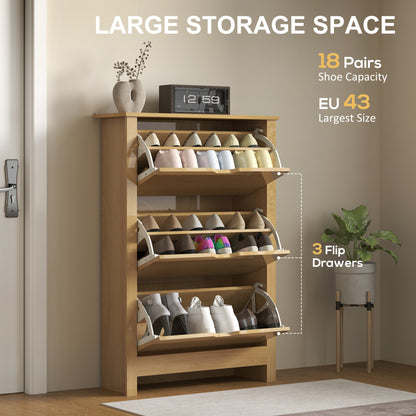 Nesela Wooden Natural Wood Finish Slim Shoe Cabinet With 3 Flip Drawers For 18 Pairs