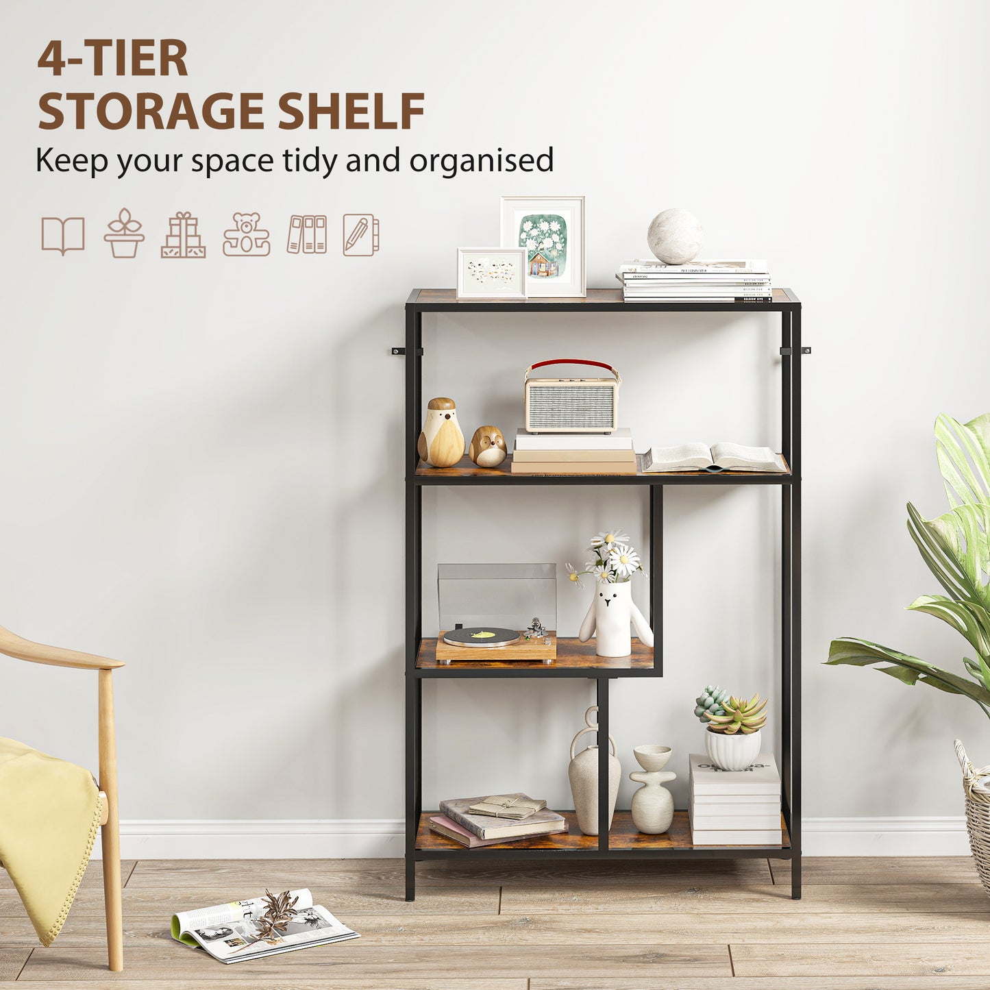 Modisu Wood Rustic Brown 4 Tier Bookcase With OFauxn Shelving