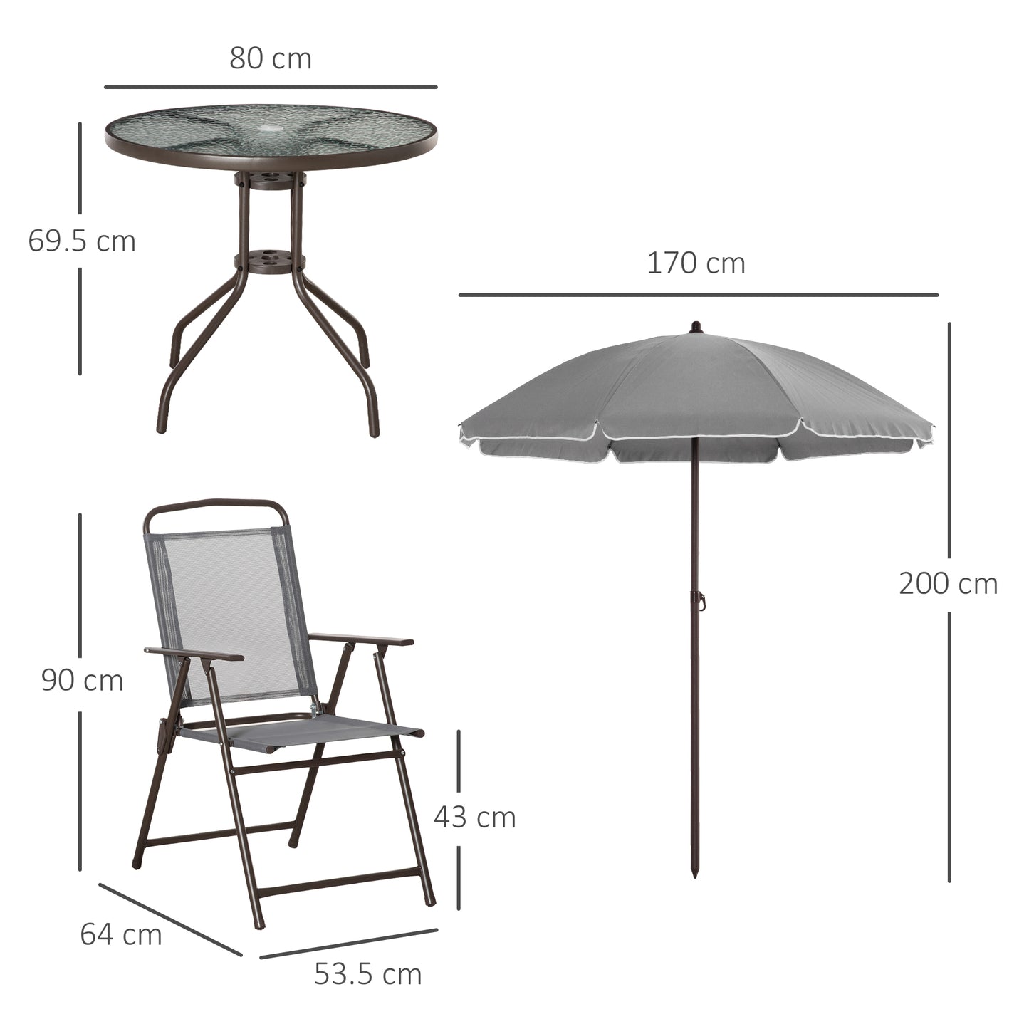 Misotte Metal and Mesh Light Grey 4 Seater Garden Dining Set With Parasol Folding Chairs And Glass Table