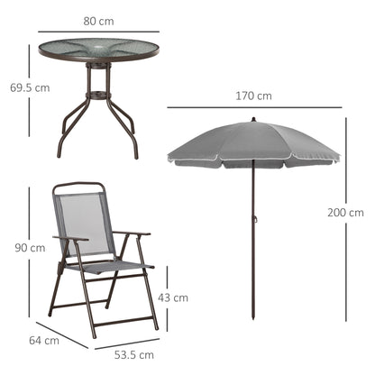 Misotte Metal and Mesh Light Grey 4 Seater Garden Dining Set With Parasol Folding Chairs And Glass Table