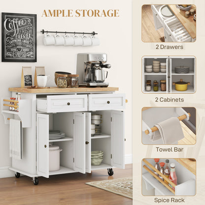 Vivali Rubberwood And Wooden Cream White Rolling Kitchen Island With Drawers And Storage