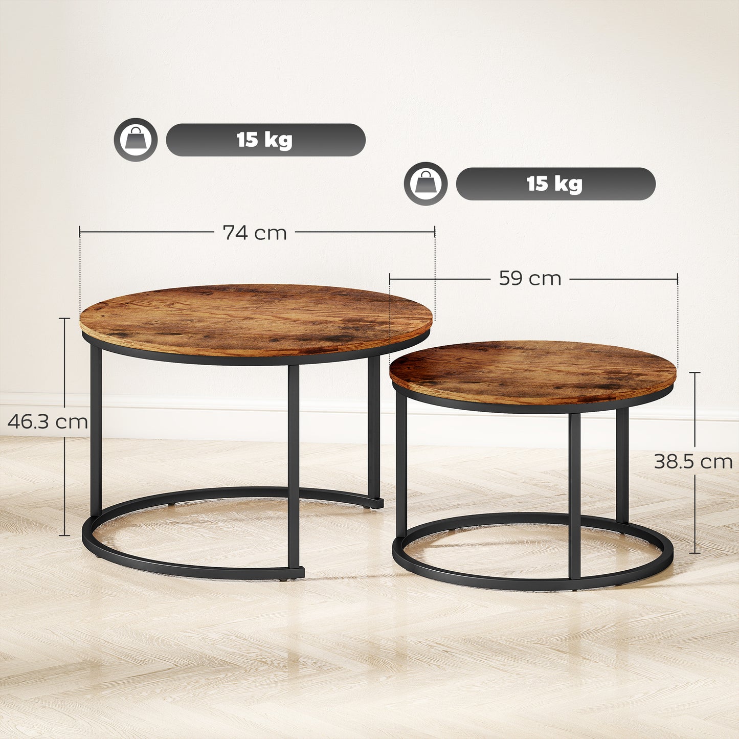 Pasu Set Of 2 Round Nesting Coffee Tables Metal And Wood Rustic Brown