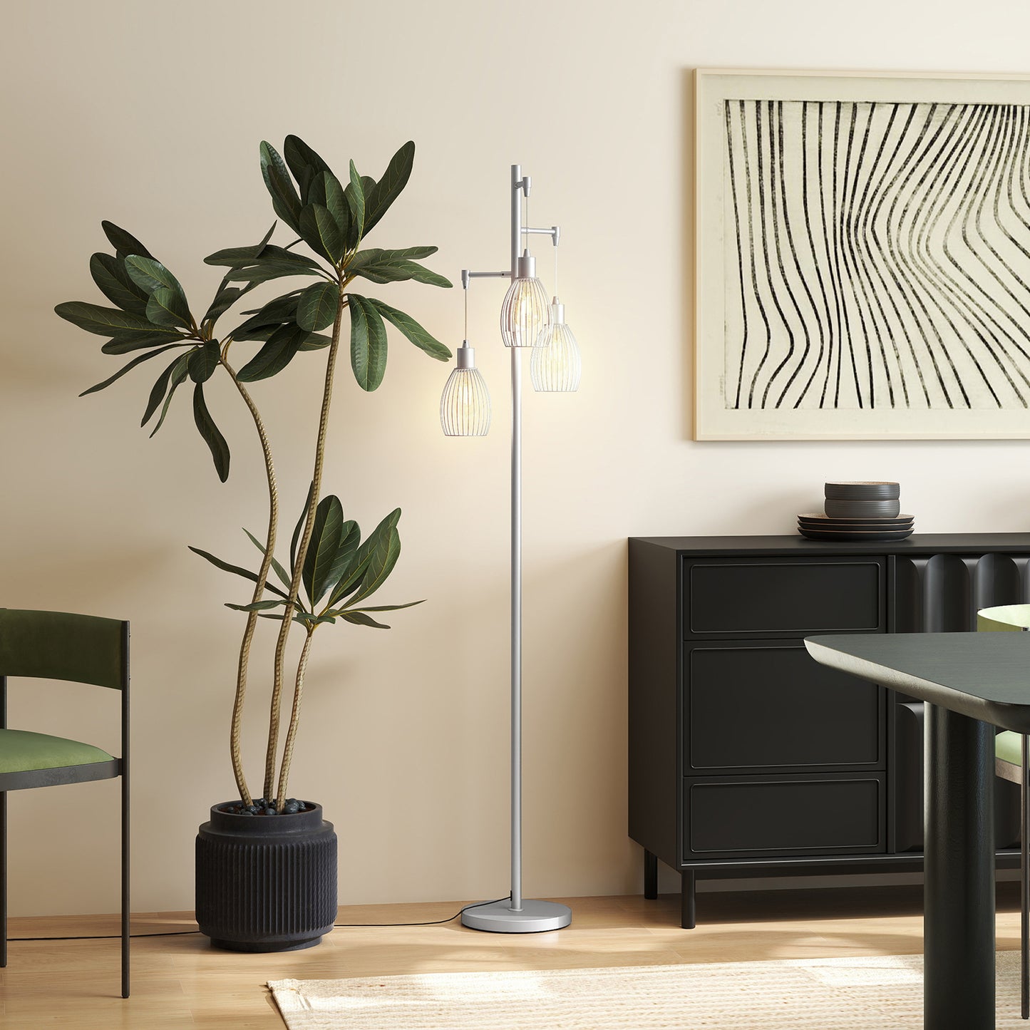 Moba Metal Silver Tone Industrial 3 Light Floor Lamp With Wire Cage Shades 170 cm