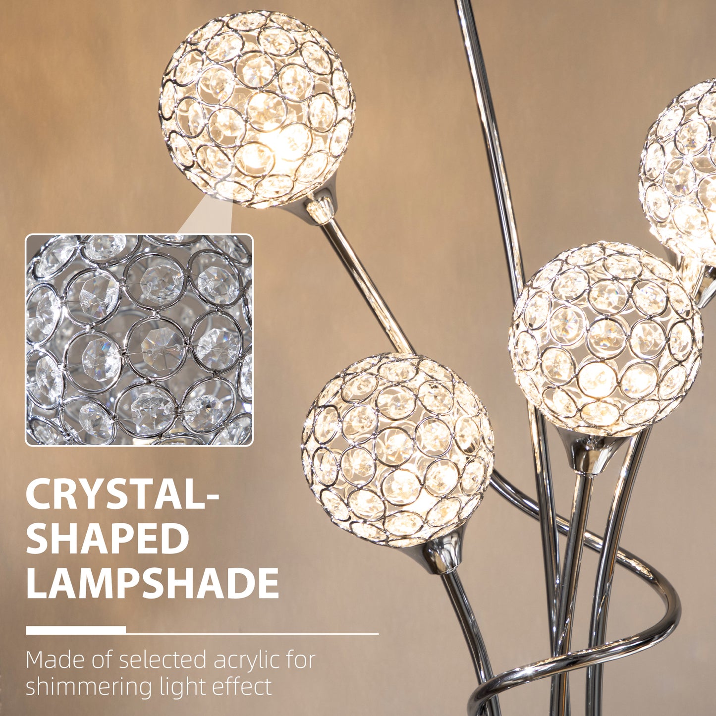 LomoveCrystal And Metal Silver 5 Light Upright Floor Lamp 156 cm