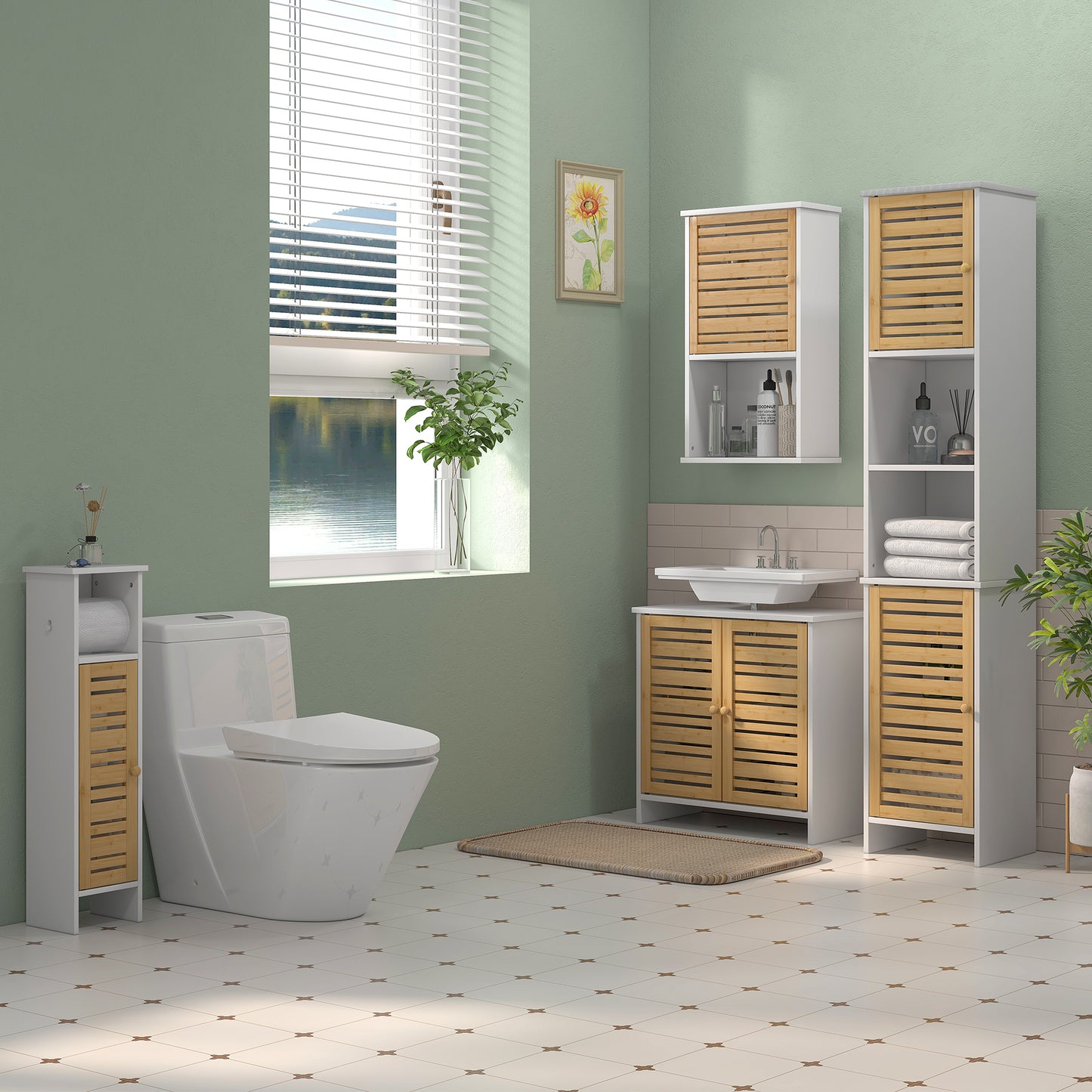 Nohaba White Bathroom Storage Cabinet With Integrated Toilet Roll Holder