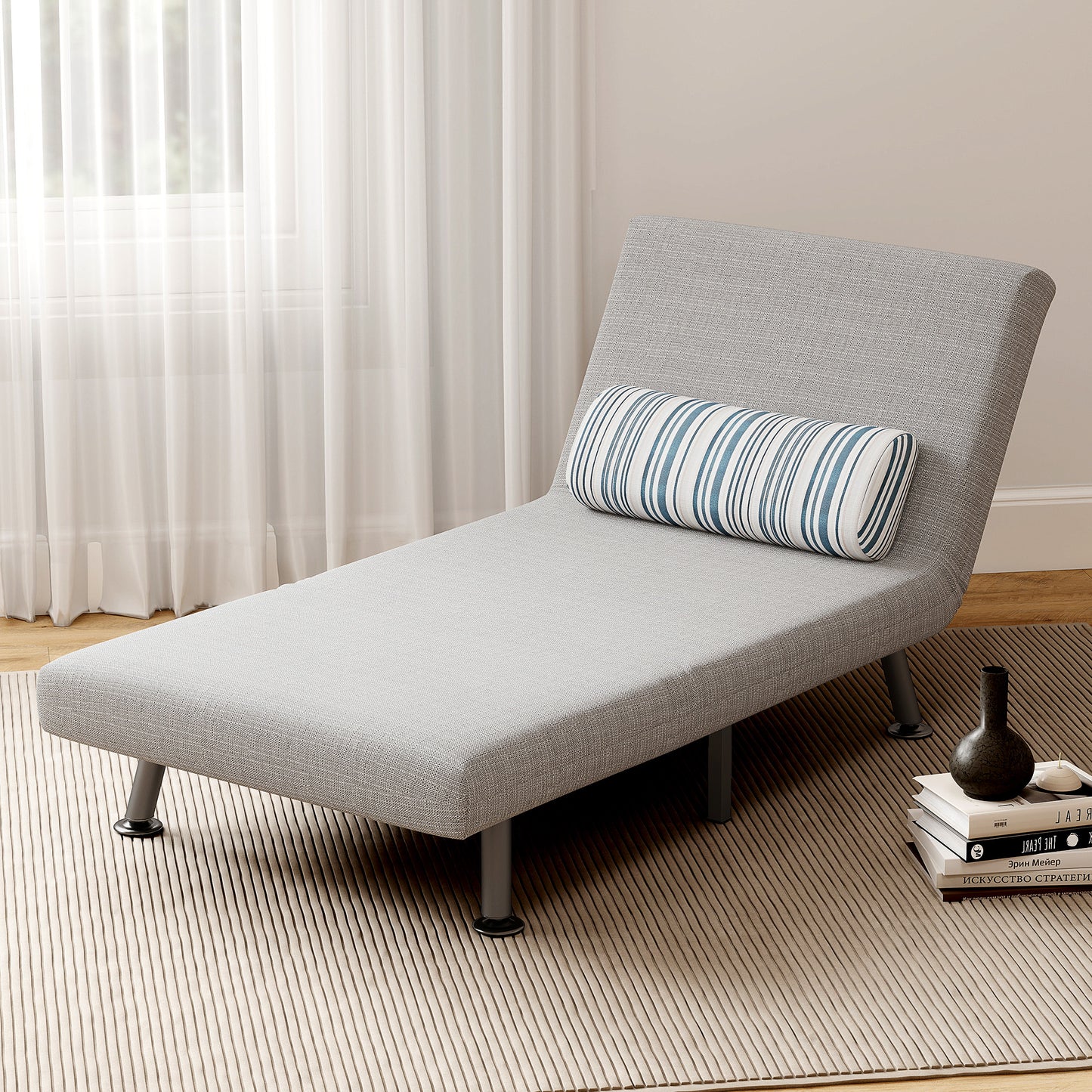 Coyo Kere Fabric Light Grey Single Sofa Bed With Fold Out SleeFauxr Design And Pillow