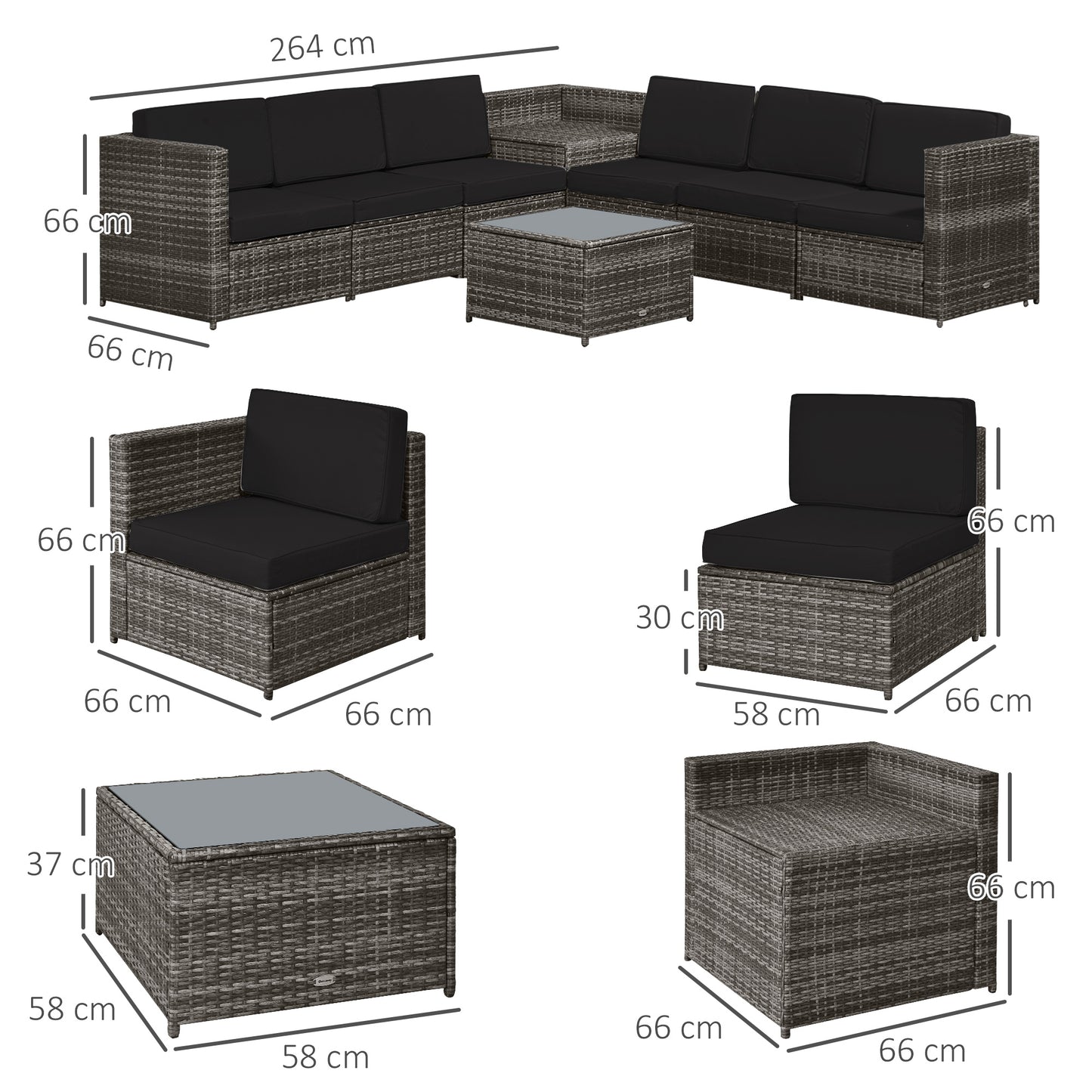 Nane Rattan Grey 6 Seater Outdoor Sofa Set with Coffee Table Glass Top Black Cushions