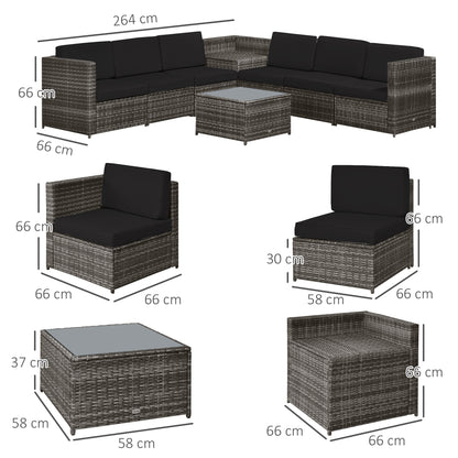 Nane Rattan Grey 6 Seater Outdoor Sofa Set with Coffee Table Glass Top Black Cushions