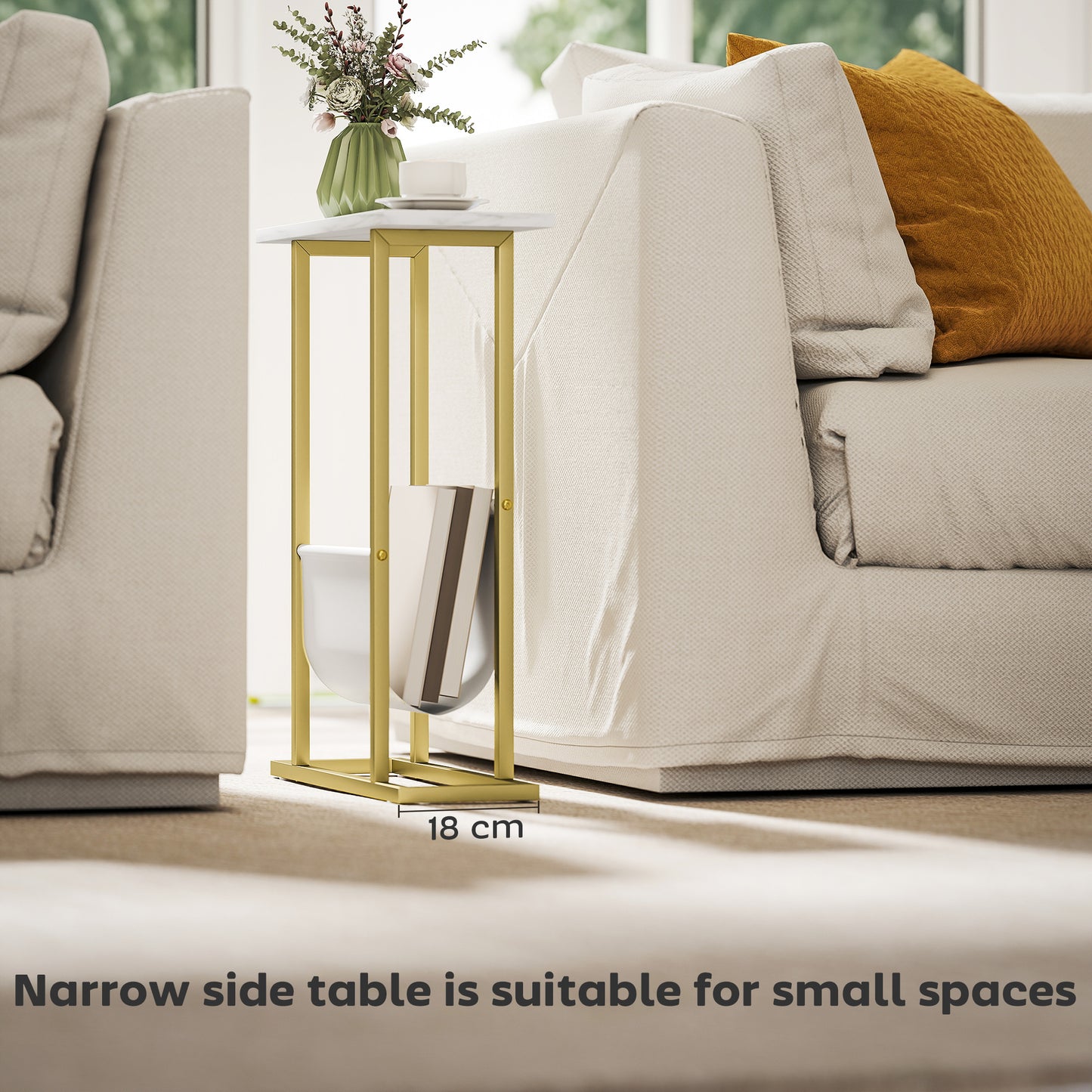 Vanozi Wooden White Marble Grain Slim Side Table With Magazine Holder For Small Spaces