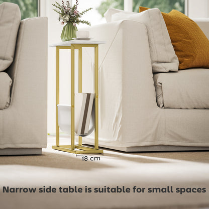Vanozi Wooden White Marble Grain Slim Side Table With Magazine Holder For Small Spaces