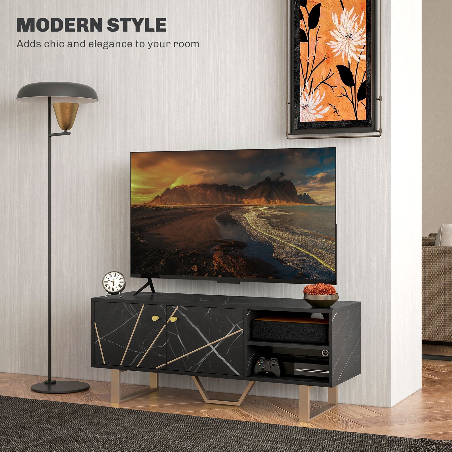 Vinika 110cm Wooden Black Marble Effect TV Console With Shelves And Storage For Screens Up To 50 Inches
