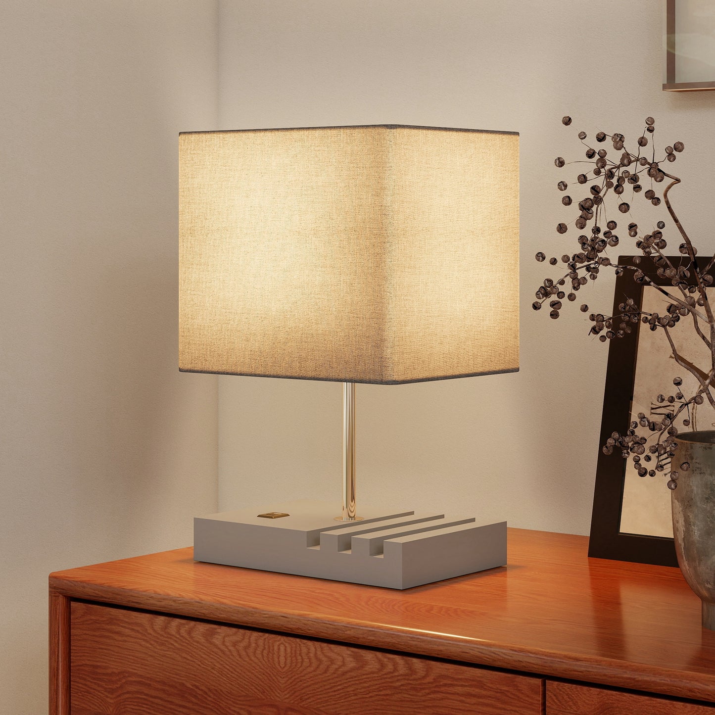 Kata Wood And Fabric Grey Bedside Table Lamp With USB Charging Ports Phone Stands And Fabric Shade