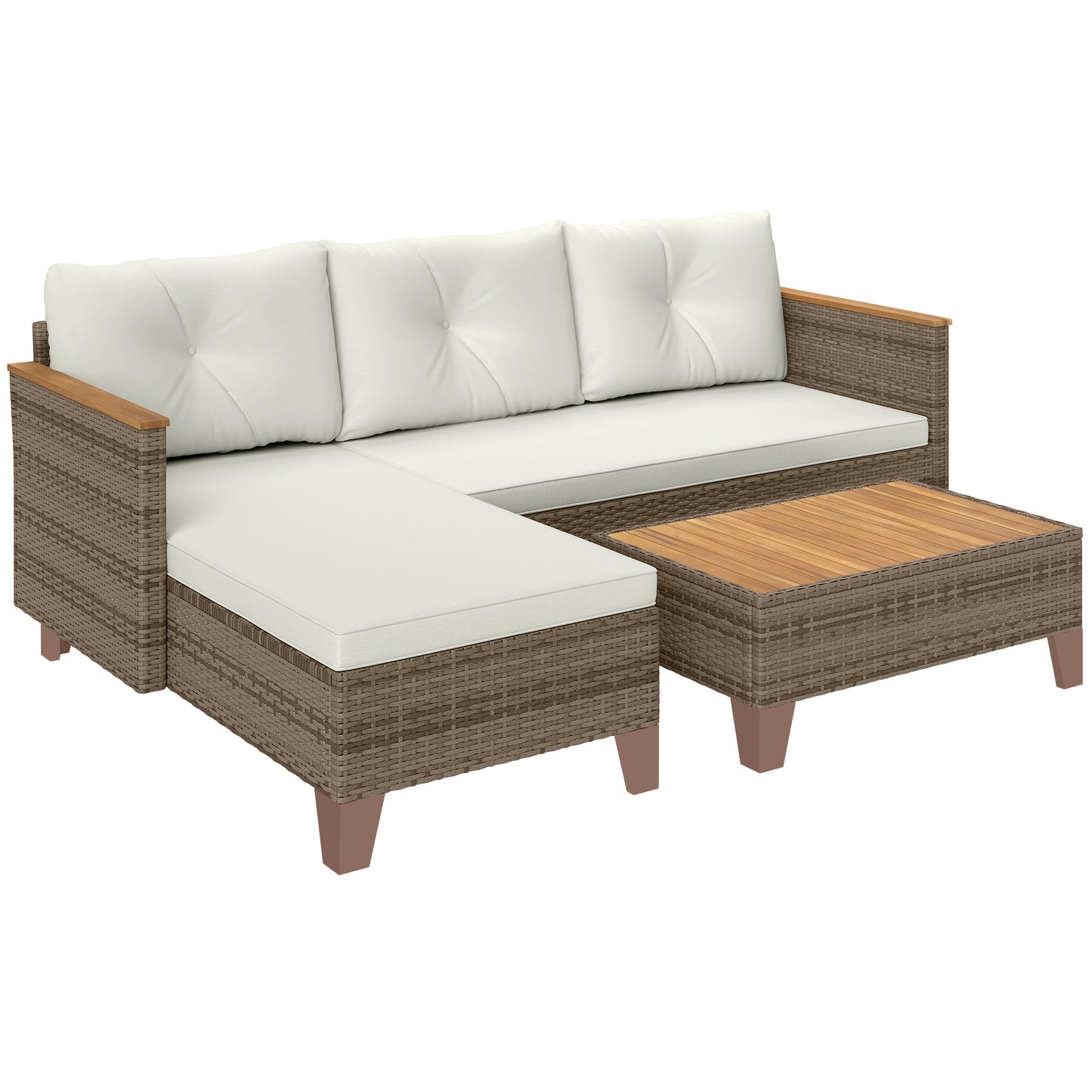 Serado Natural Rattan and Cream Fabric 3 Piece L Shaped Outdoor Conversation Set With Wood Top Table