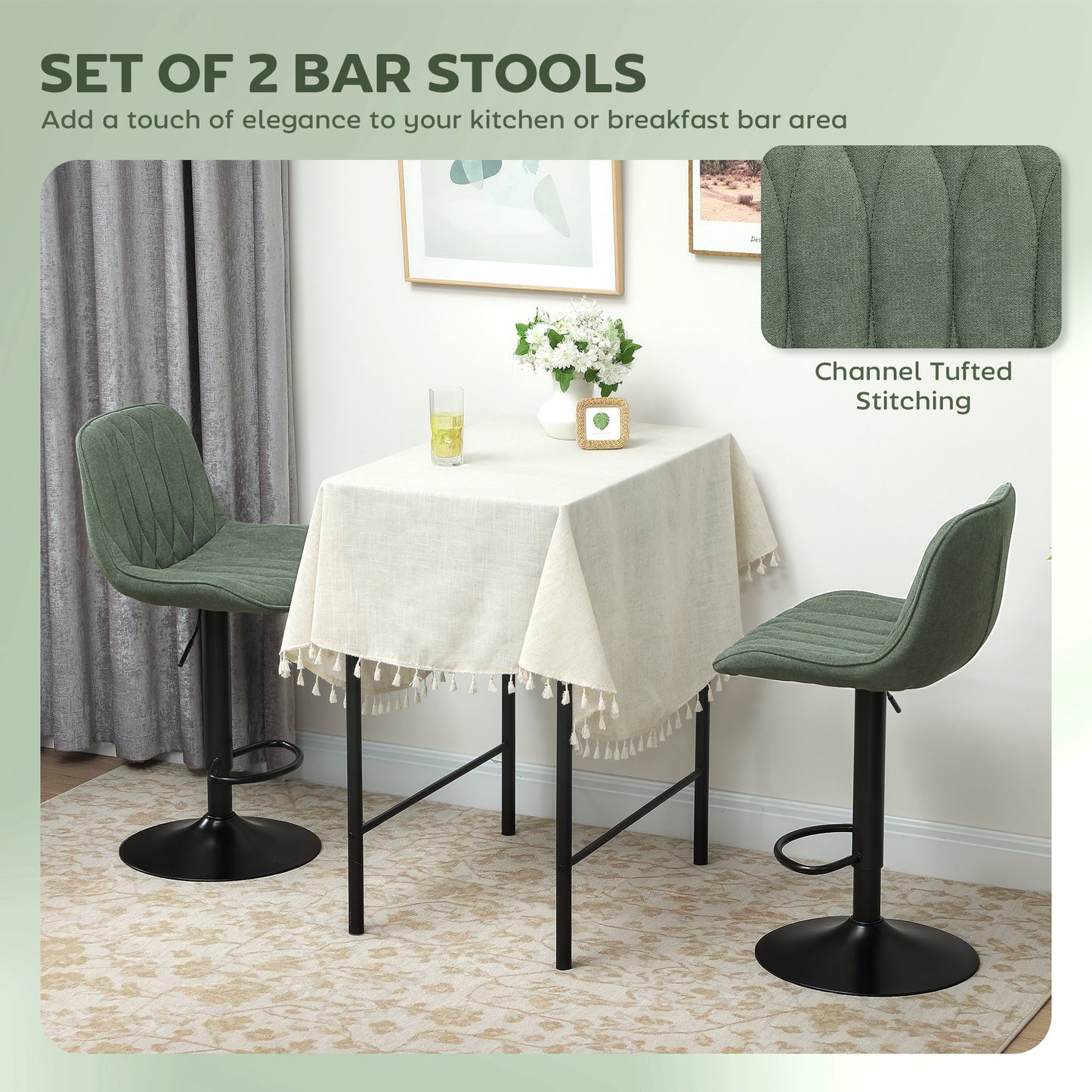 Kali Fabric Green Adjustable Linen Look Bar Stools Set Of 2