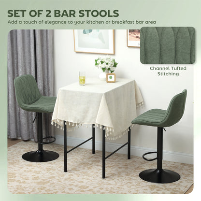 Kali Fabric Green Adjustable Linen Look Bar Stools Set Of 2