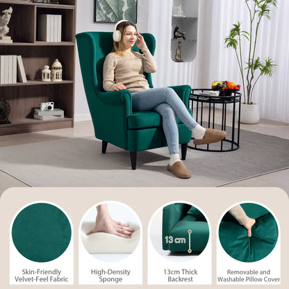 Velvet Dark Green Wingback Accent Chair With High Back Pillow And Wooden Legs