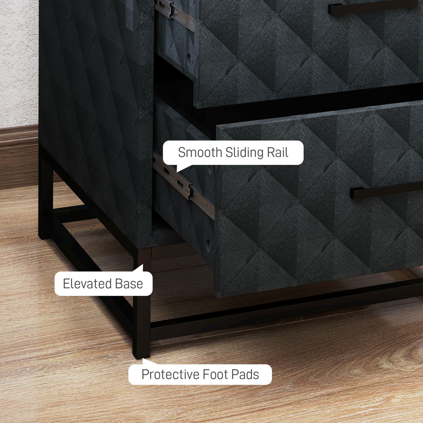 Roel Set Of 2 Black Retro Bedside Tables With 2 Drawers And Steel Legs