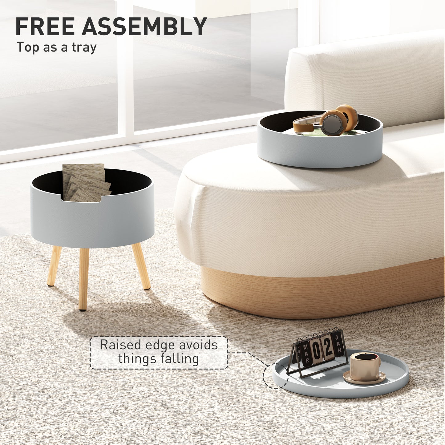 Pano Wooden Grey Round 3 Tier Bedside Table With Hidden Storage And Tray Top