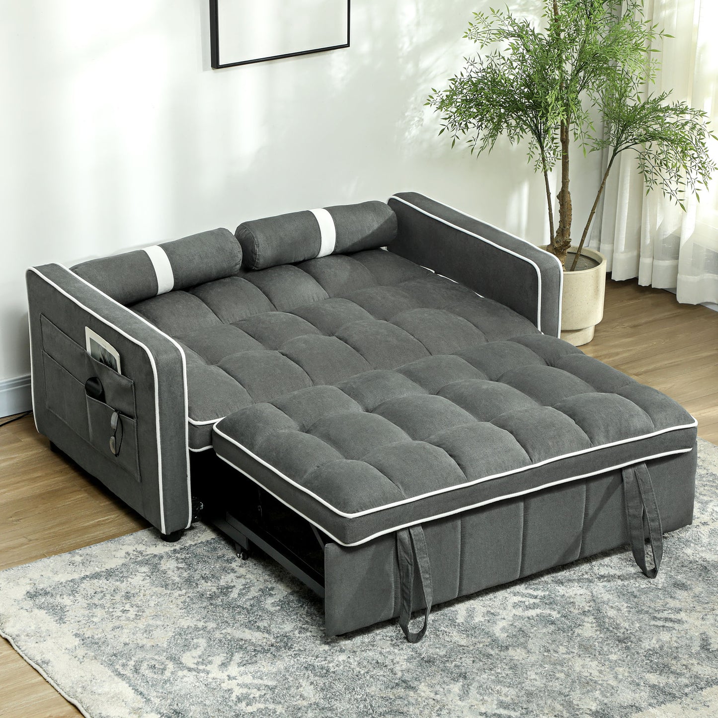 Tapa Linen Effect Dark Grey Upholstered 2 Seater Sofa Bed White Trim