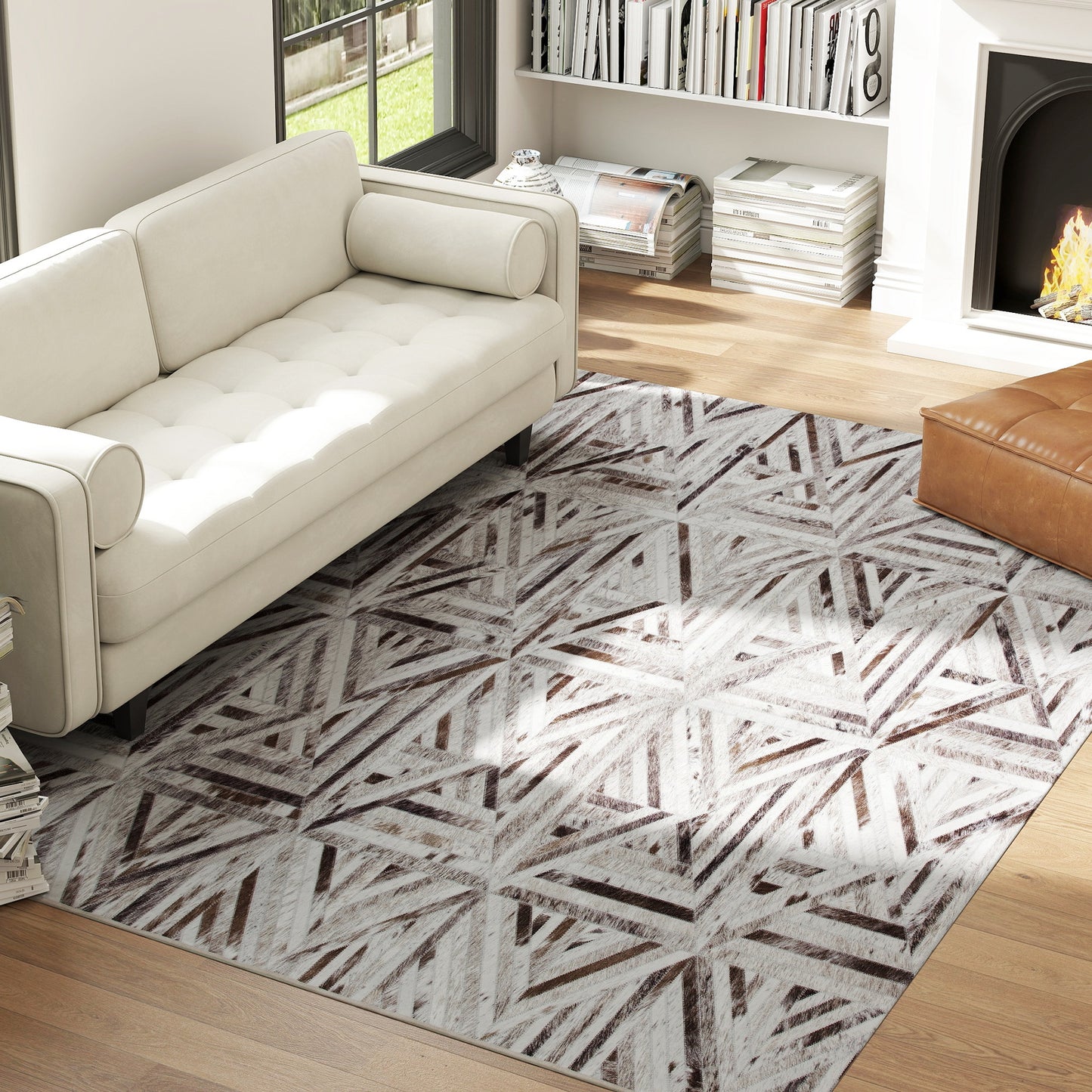 Fisuk 290 x 200cm Chenille Brown Triangle Pattern Non Slip Washable Rug