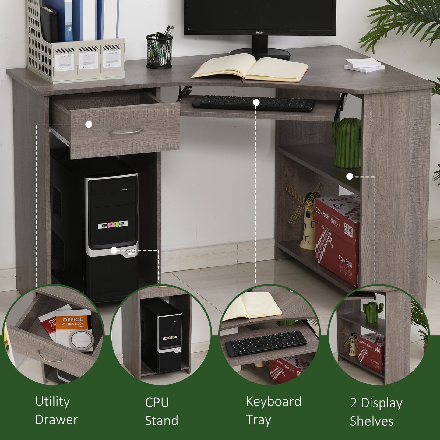 Nifi 120cm Wooden Grey L Shaped Corner Desk With Keyboard Tray Drawers And Shelving