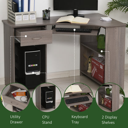 Nifi 120cm Wooden Grey L Shaped Corner Desk With Keyboard Tray Drawers And Shelving