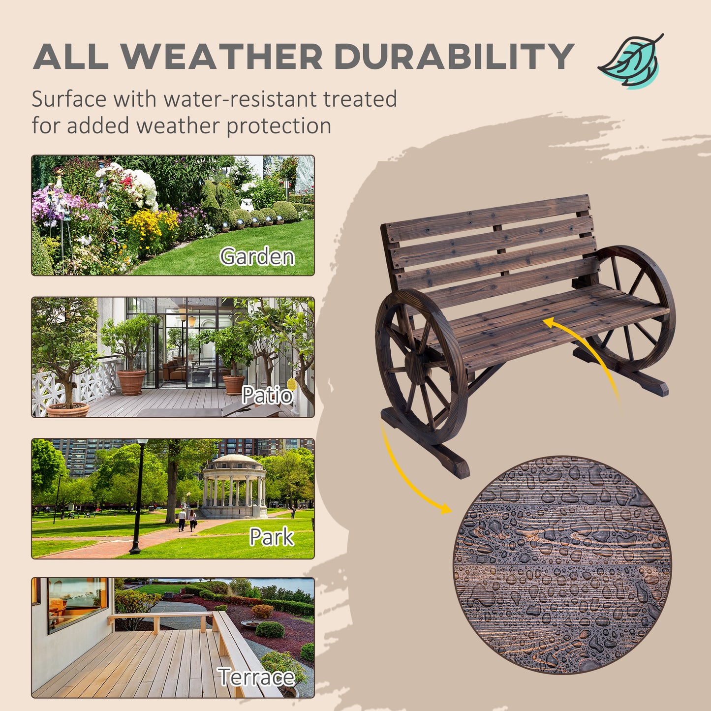 Linifi Wood Brown Rustic 2 Seater Garden Bench With Wagon Wheel Arms And High Back