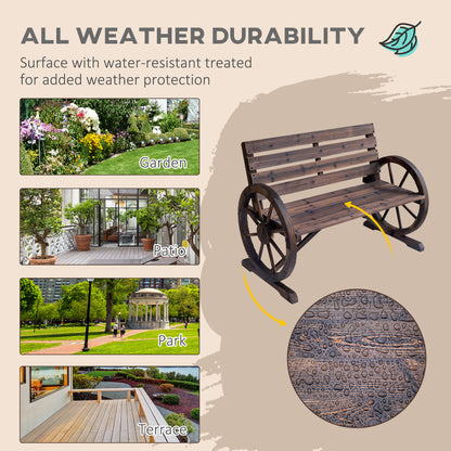 Linifi Wood Brown Rustic 2 Seater Garden Bench With Wagon Wheel Arms And High Back