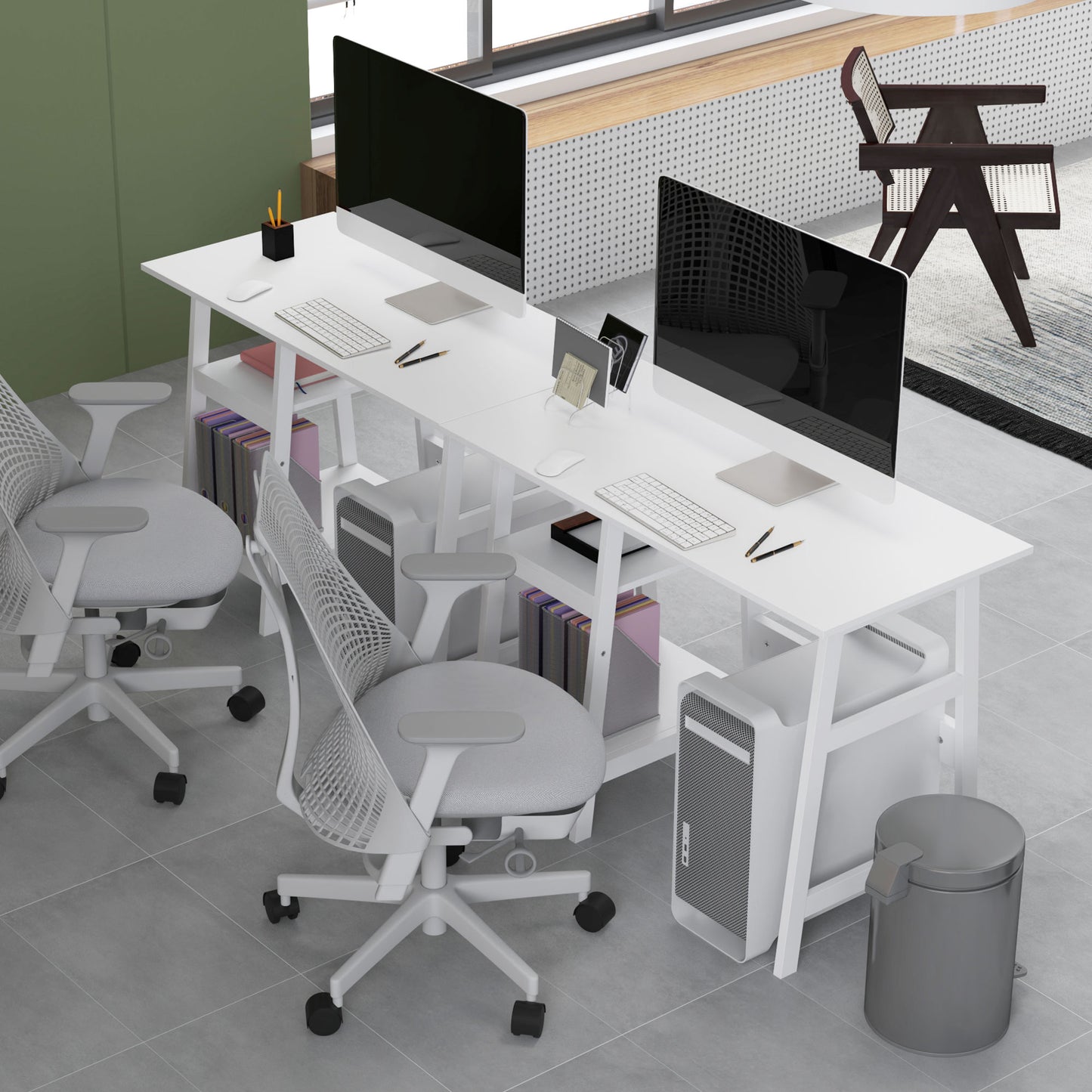 Hakeka 106cm White Wooden Compact Desk With Bookshelf Storage
