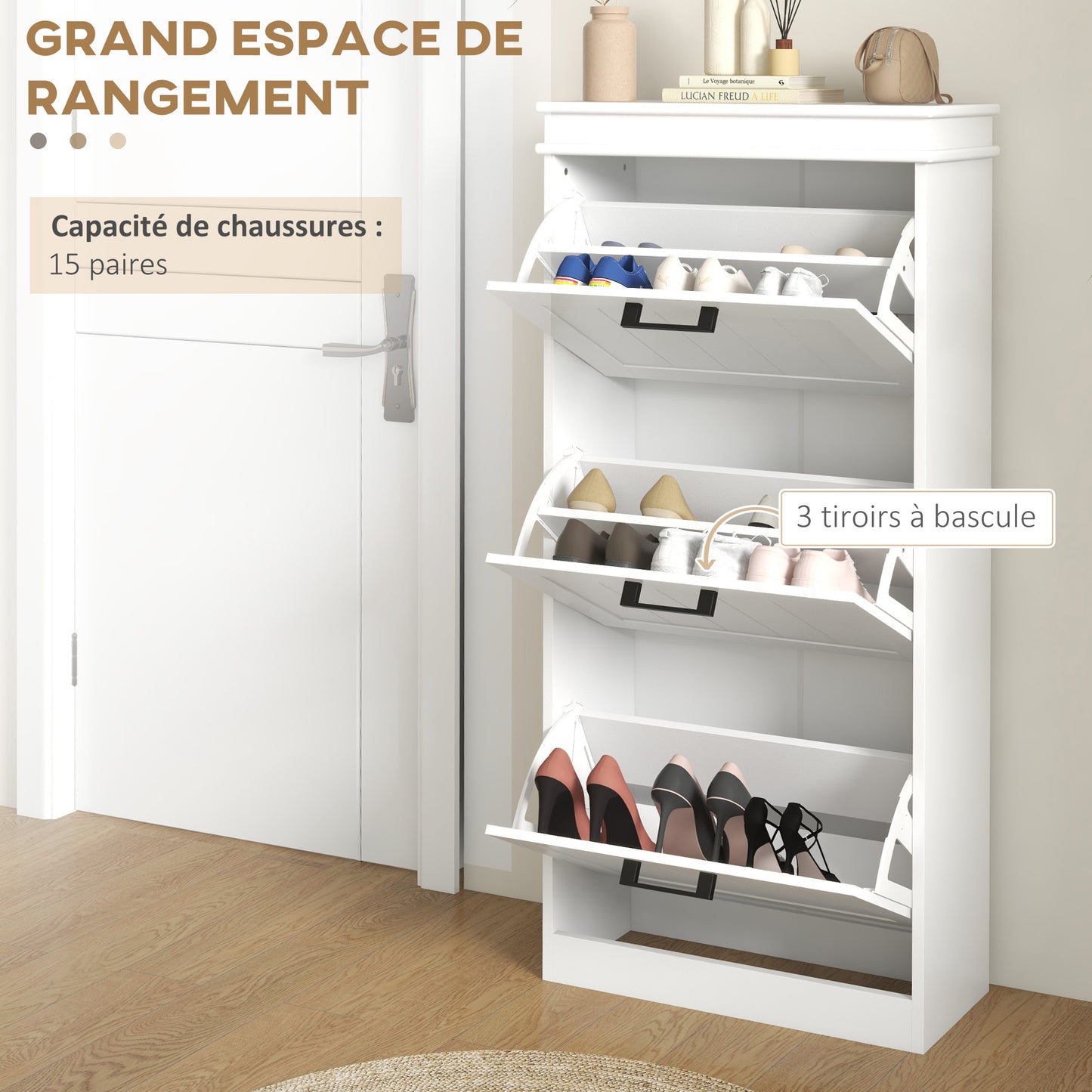 Naravi Vino Wooden White Minimal 3 Drawer Shoe Cabinet For 15 Pairs