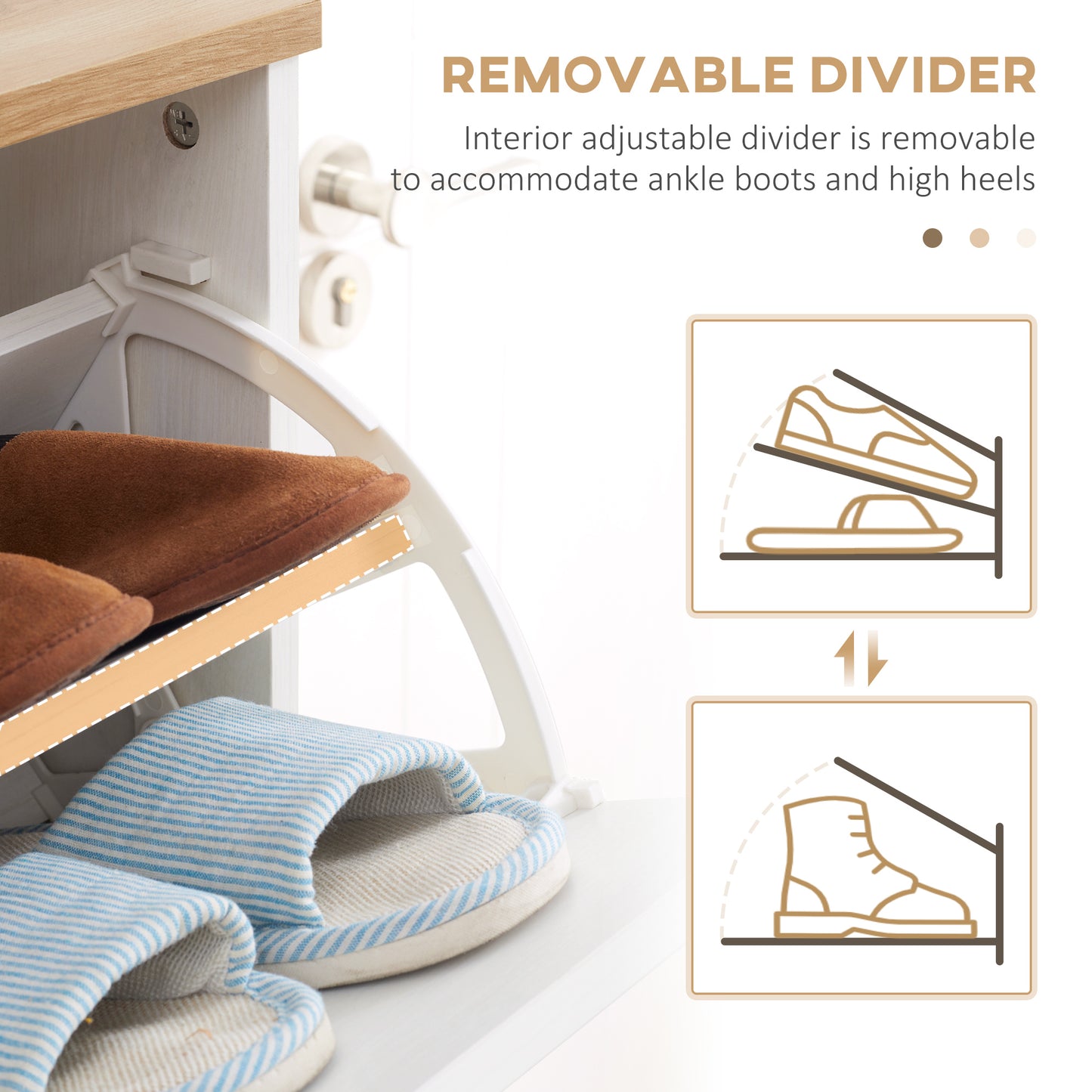 Ellora Lera Wooden White and Natural Slim Shoe Cabinet With 3 Flip Drawers For 12 Pairs