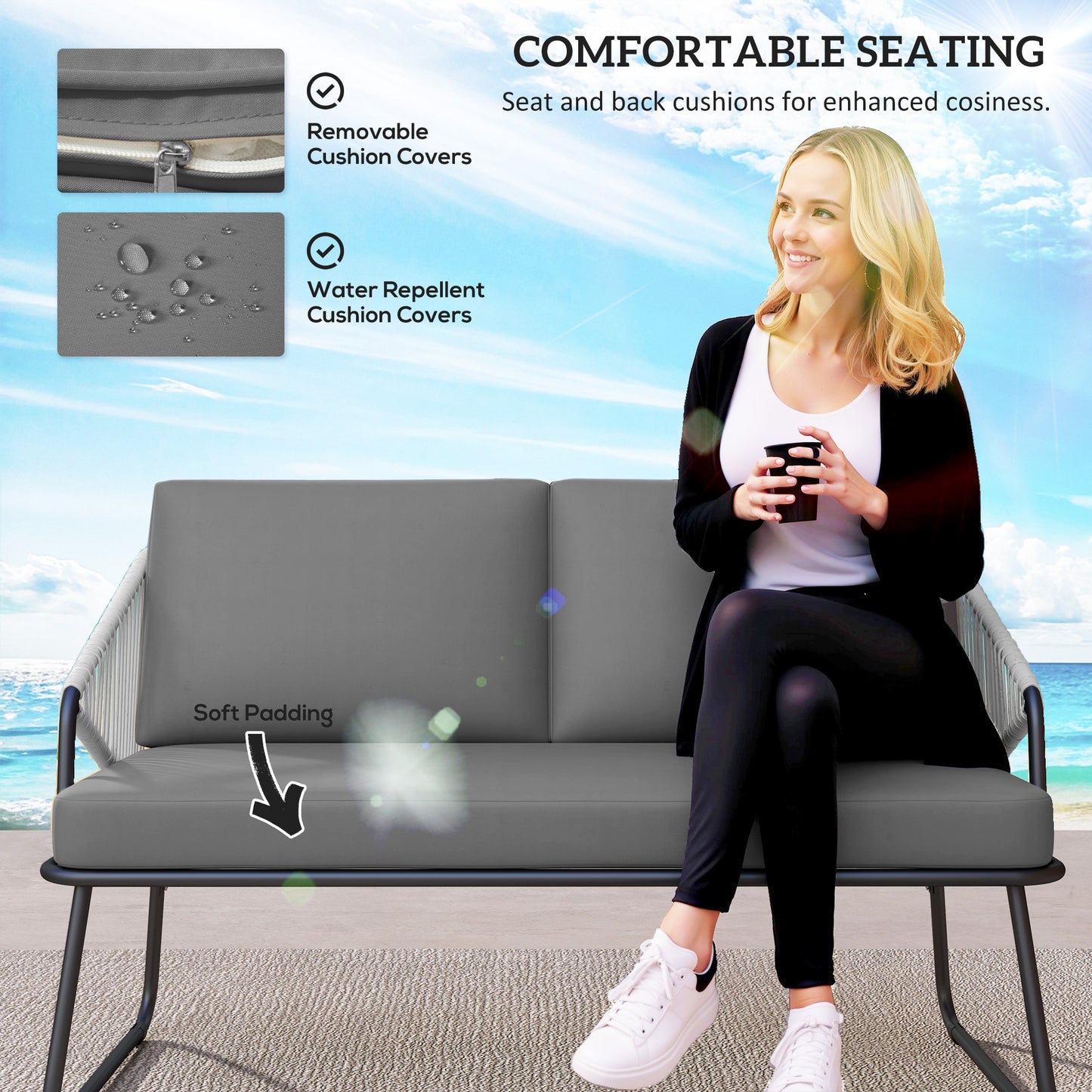 Yoma Grey Rattan String 4 Seater Outdoor Sofa Set