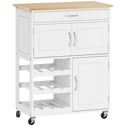 Hala Wooden White Rolling Kitchen Island With Wine Rack 1 Drawer 3 Doors