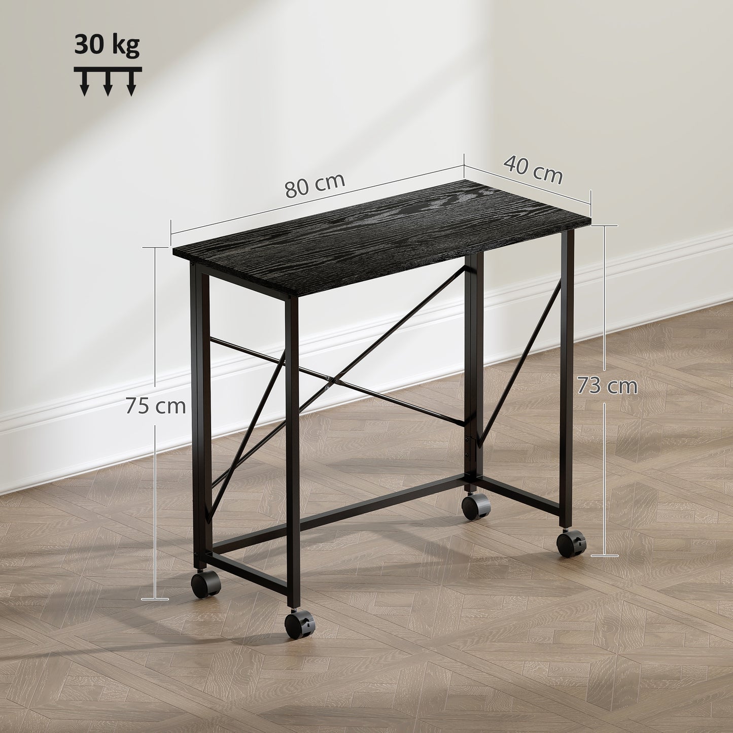 Ziyozi 80cm Metal and Wood Black Folding Desk On Lockable Wheels