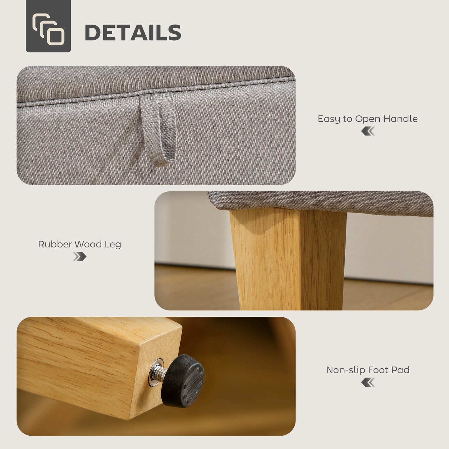 Solo Linen Light Grey Storage Footstool With Storage Natural Wooden Legs
