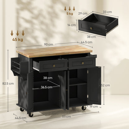 Telatti Rubberwood Top Black Rolling Kitchen Island With Drawers And Storage